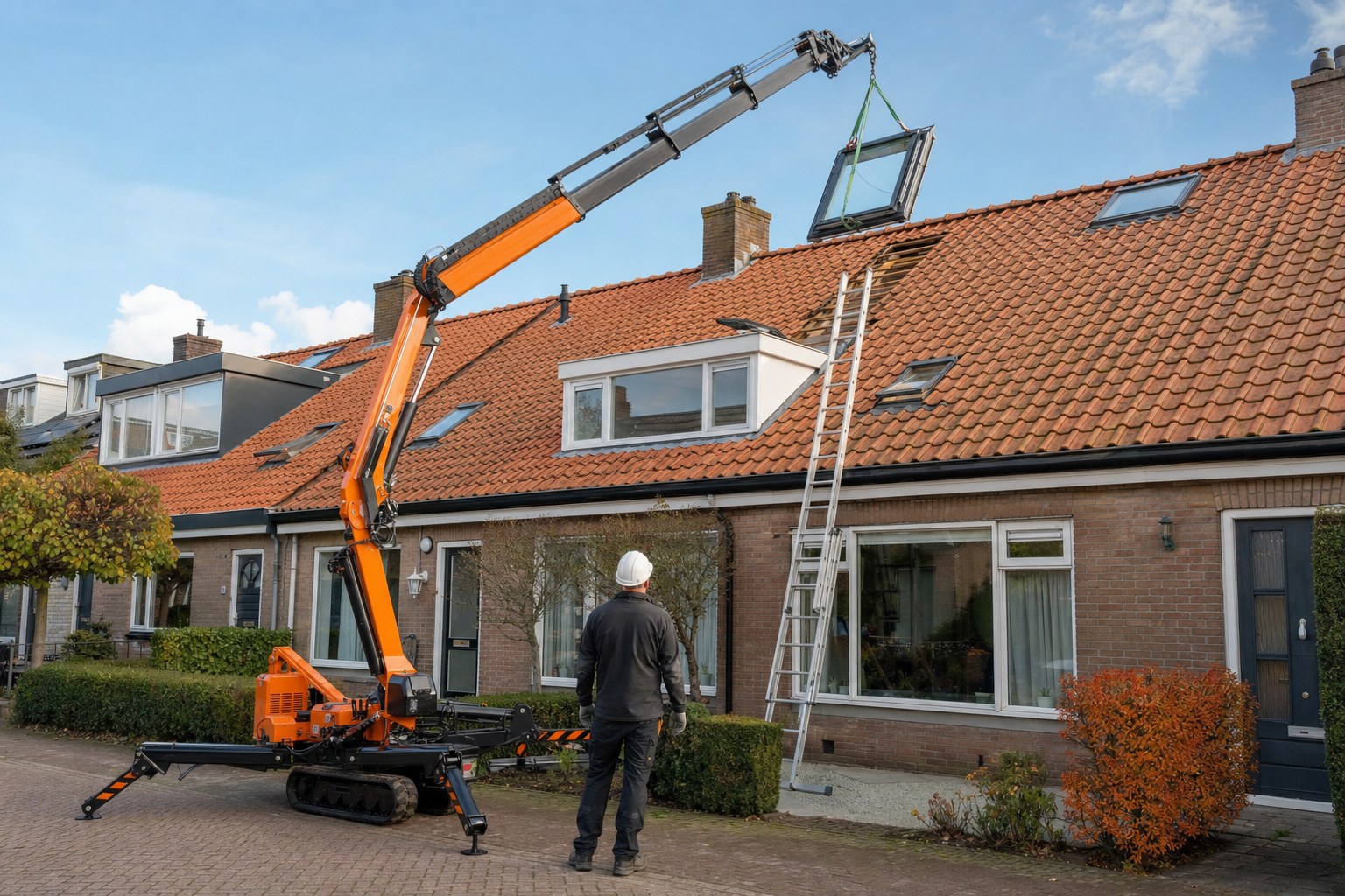 Dakraam geplaatst met compactkraan