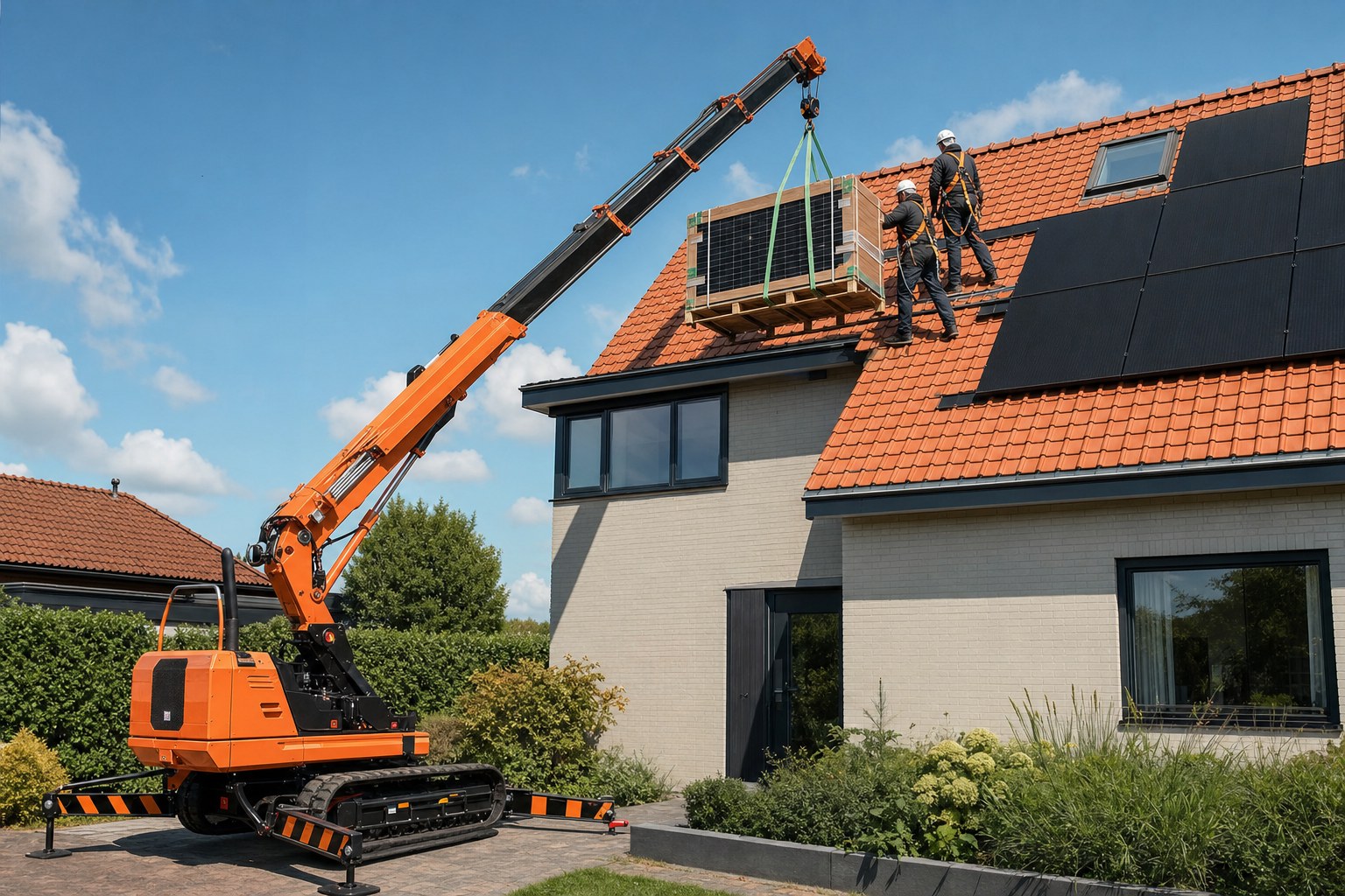 Pallet zonnepanelen op dak getild